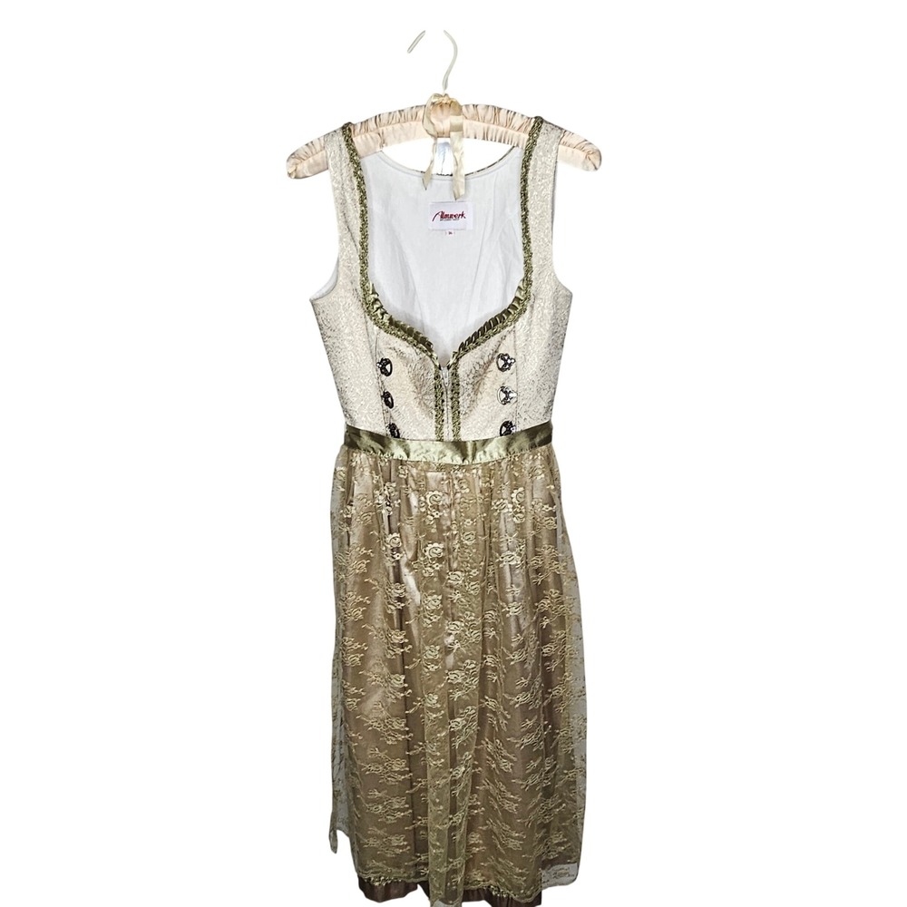 Almwerk Dirndl Dress 34 XS Gold Lace Satin Oktoberfest German Trachten + Apron